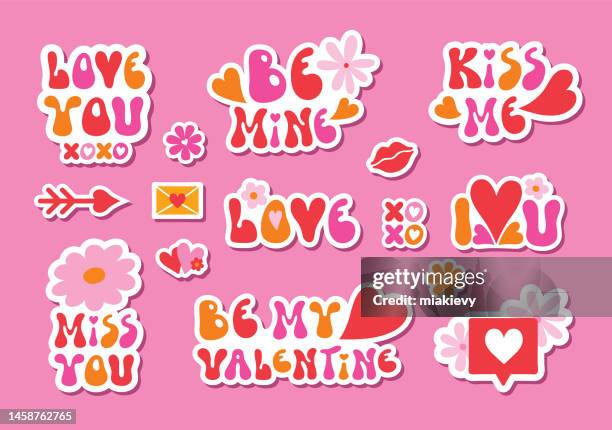 stockillustraties, clipart, cartoons en iconen met valentine stickers - jeugdcultuur