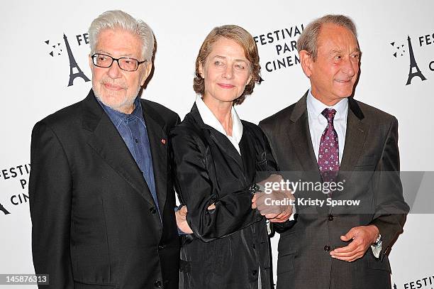 Ettore Scola, Charlotte Rampling and Bertrand Delanoe pose after Ettore Scola was awarded with the Great Vermeil medal of the city of Paris during a...