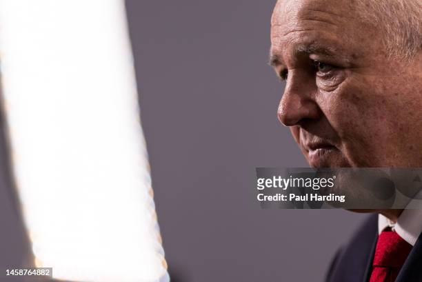 Warren Gatland, Head Coach of Wales is interviewed during the 2023 Guinness Six Nations Media Launch at London County Hall on January 23, 2023 in...