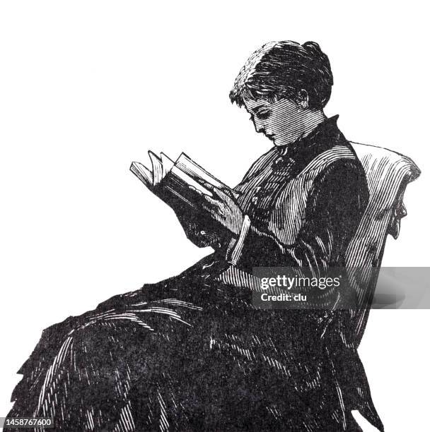 ilustraciones, imágenes clip art, dibujos animados e iconos de stock de mujer joven sentada en una silla, leyendo un libro, vista lateral, fondo blanco - mujer leyendo