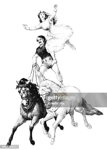 bildbanksillustrationer, clip art samt tecknat material och ikoner med circus couple standing and performing on two running horses, white background - circus horses