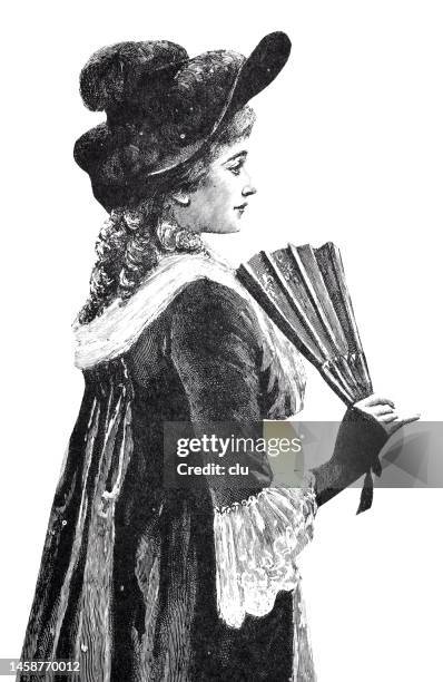 young woman with feather hat and long curly hair holding a hand fan and looking expectantly to another person, side view - feather fan stock illustrations