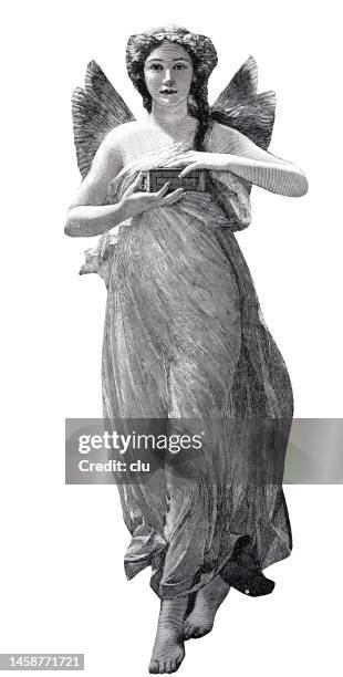 Angel Robe Vector Angel In Long Flowing Robe And Long Hair Holds A Box And Runs Towards ...