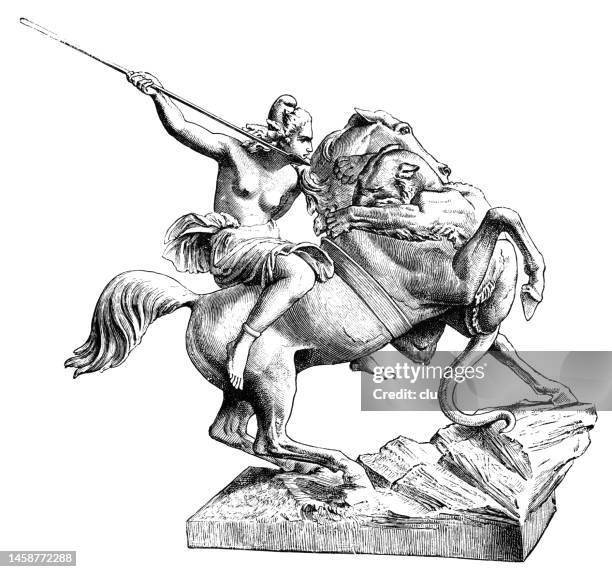 statue of an amazon warrior riding on horse, holding a lance, white background - amazon warriors stock illustrations