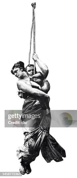 woman holds her child on her arm and is lowered on a rope, full length, white background - rope length stock illustrations