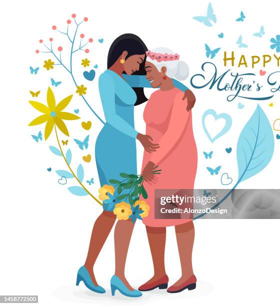 happy mother's day. indian mother hug her daughter. mom's love. young woman bringing flowers to her mother - indian mother stock illustrations