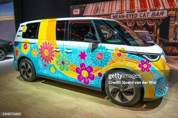 Volkswagen ID. Buzz electric Multi-purpose vehicle van on display at Brussels Expo on January 13, 2023 in Brussels, Belgium. The Volkswagen ID. Buzz...