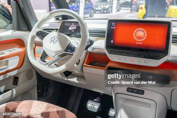 Volkswagen ID. Buzz electric Multi-purpose vehicle van dashboard on display at Brussels Expo on January 13, 2023 in Brussels, Belgium. The Volkswagen...