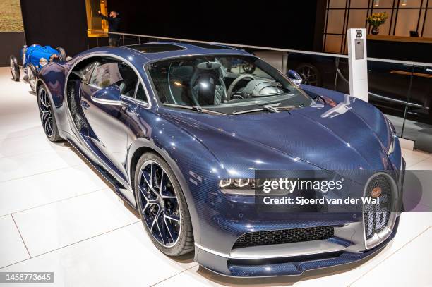 Bugatti Chiron Sport hypercar sports car on display at Brussels Expo on January 13, 2023 in Brussels, Belgium.