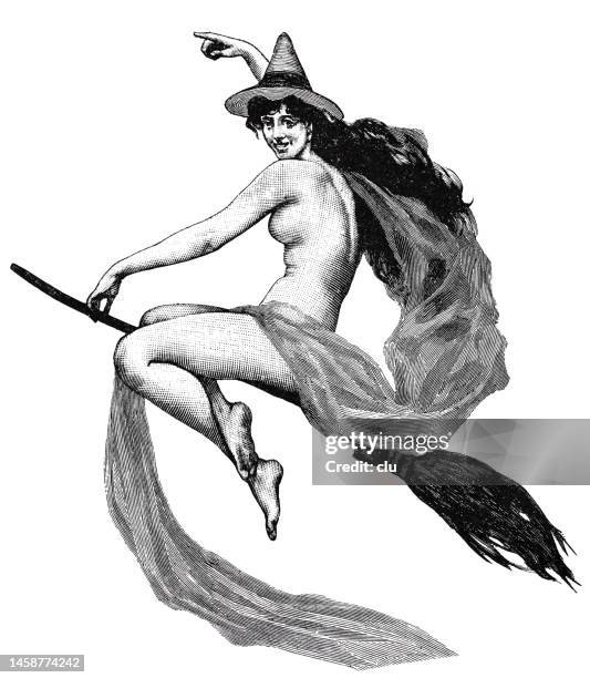 eine nackte hexe fliegt auf einem besen, mit einem langen fließenden tuch, seitenansicht, langen haaren, lächelnd, zum betrachter schauend, weißer hintergrund - witch flying on broom stock-grafiken, -clipart, -cartoons und -symbole