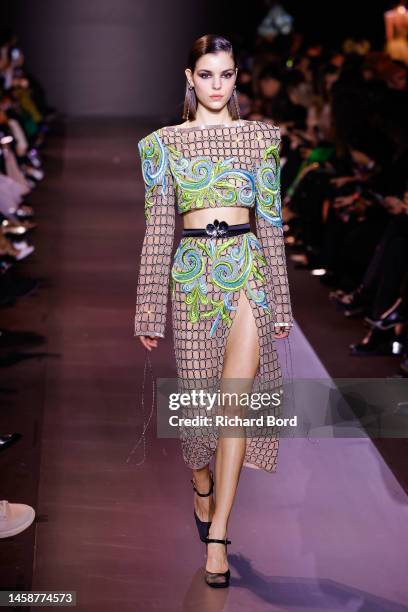 Model walks the runway during the Georges Hobeika Haute Couture Spring Summer 2023 show at Palais de Chaillot as part of Paris Fashion Week on...