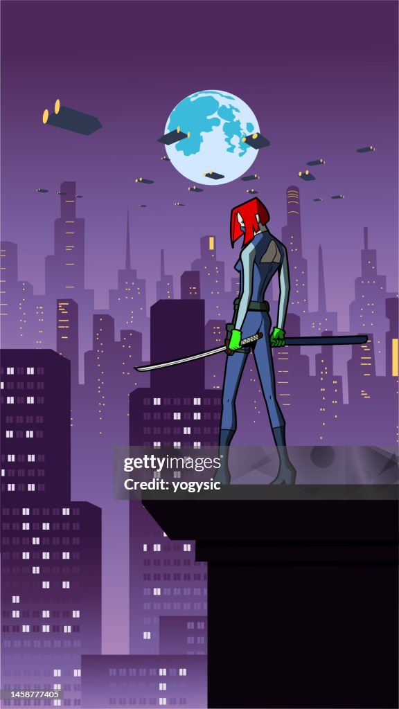 Vector Anime Style Female Assassin in a Cyberpunk City Vertical Stock Illustration