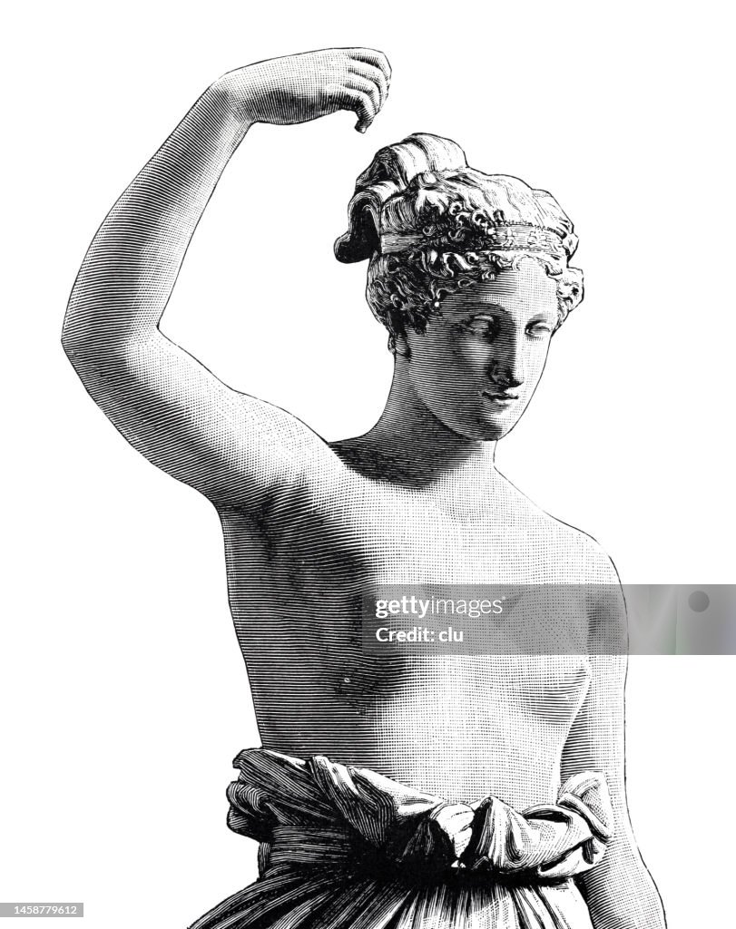 Statua femminile romana antica, giovane donna che tiene la mano sopra la testa, vita in su, priorità bassa bianca
