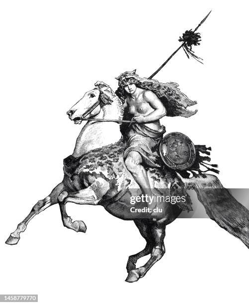 junge hübsche amazone reitet auf einem pferd, ausgerüstet als krieger mit lanze, weißem hintergrund - amazon warrior women stock-grafiken, -clipart, -cartoons und -symbole