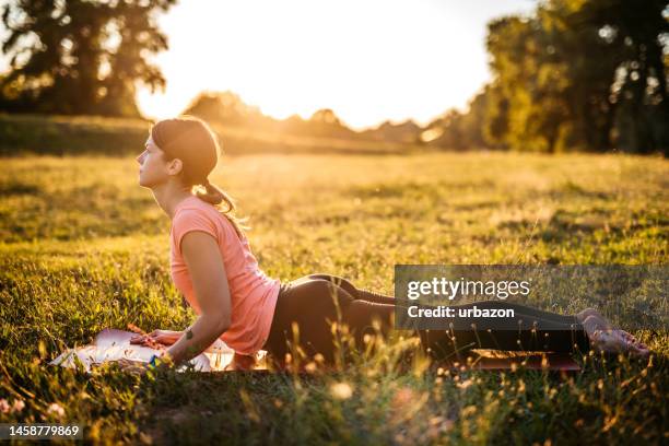 junge frau beim yoga im park - acrobatic yoga stock-fotos und bilder