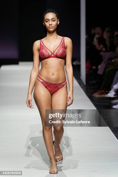 Model walks the runway during "The Selection" of the "Lingerie" Shows as part of Paris Fashion Week At Parc Des Expositions on January 21, 2023 in...