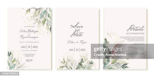 rustic wedding invitation template set with green leaves, eucalyptus and branches. invitation cards, details in watercolour modern style. - wedding invitation flowers stock illustrations