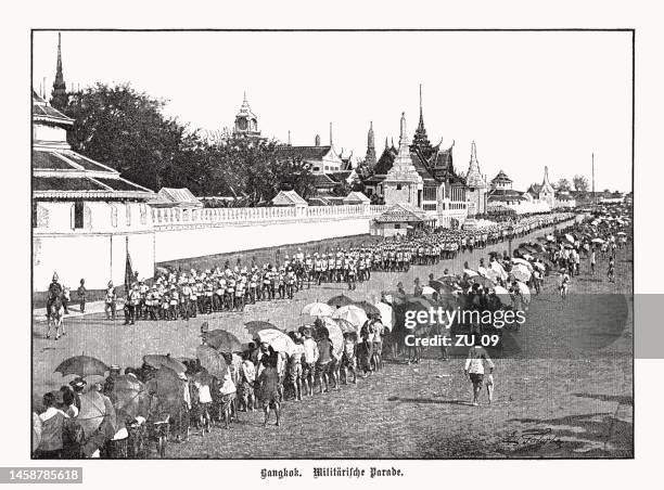 militärparade in bangkok, thailand, holzstich, veröffentlicht 1899 - thai people stock-grafiken, -clipart, -cartoons und -symbole