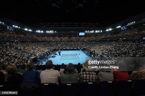 General view of Rod Laver Arena during the round two singles match between Novak Djokovic of Serbia and Alex de Minaur of Australia during the fourth...