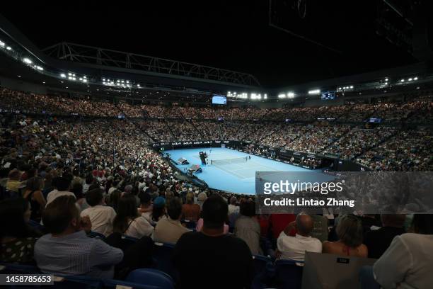 General view of Rod Laver Arena during the round two singles match between Novak Djokovic of Serbia and Alex de Minaur of Australia during the fourth...