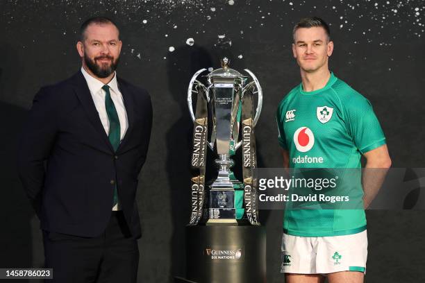 Andy Farrell, Head Coach of Ireland and Johnny Sexton, Captain of Ireland pose alongside the Guinness Six Nations trophy during the 2023 Guinness Six...