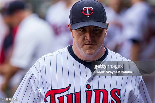 Matt Capps of the Minnesota Twins in the dugout in a game against the Detroit Tigers on May 27, 2012 at Target Field in Minneapolis, Minnesota. The...