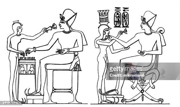 old engraved illustration of scenes from the domestic life of ramesses iii - cartouche of ramses stock pictures, royalty-free photos & images