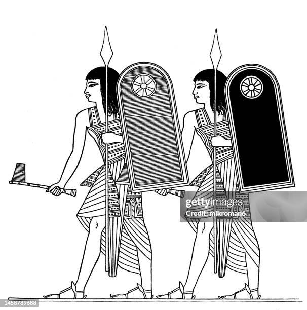 old engraved illustration of bodyguards, warriors of pharaoh ramesses ii, egypt - warrior stock pictures, royalty-free photos & images