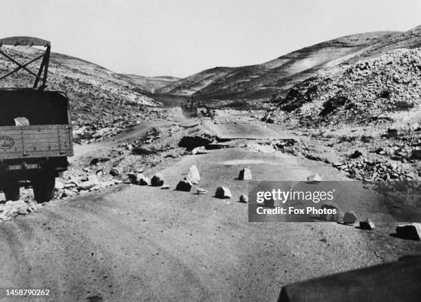Road block set up by Palestinian Arab rebels to facilitate an ambush on the Jericho Road during the 1936-1939 Arab revolt in Palestine during the...