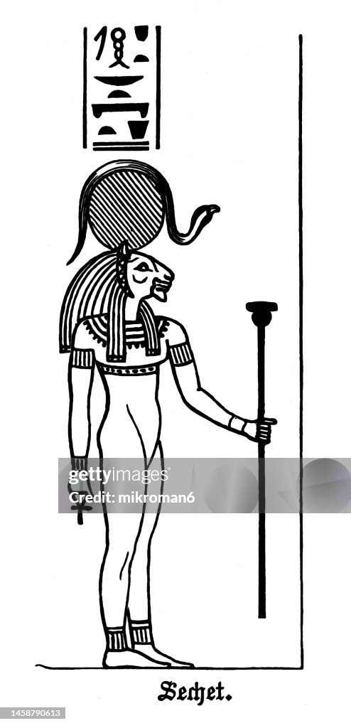 Old engraved illustration of Ancient Egyptian warrior goddess, Sekhmet, Sachmis, Sakhmet, Sekhet or Sakhet