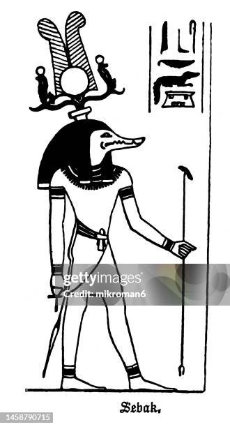 old engraved illustration of sobek (sebek or sobki or souk) ancient egyptian deity with a complex and elastic history and nature - egyptian god stock pictures, royalty-free photos & images