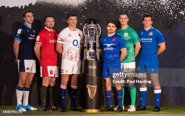 Jamie Ritchie of Scotland, Ken Owens of Wales, Owen Farrell of England, Antoine Dupont of France, Johnny Sexton of Ireland and Michele Lamaro of...