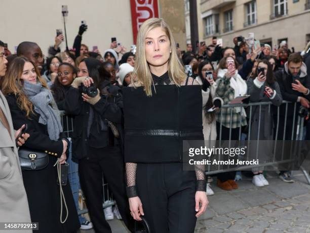 Rosamund Pike is seen during the Paris Fashion Week - Haute Couture Sring Summer 2023 on January 23, 2023 in Paris, France.