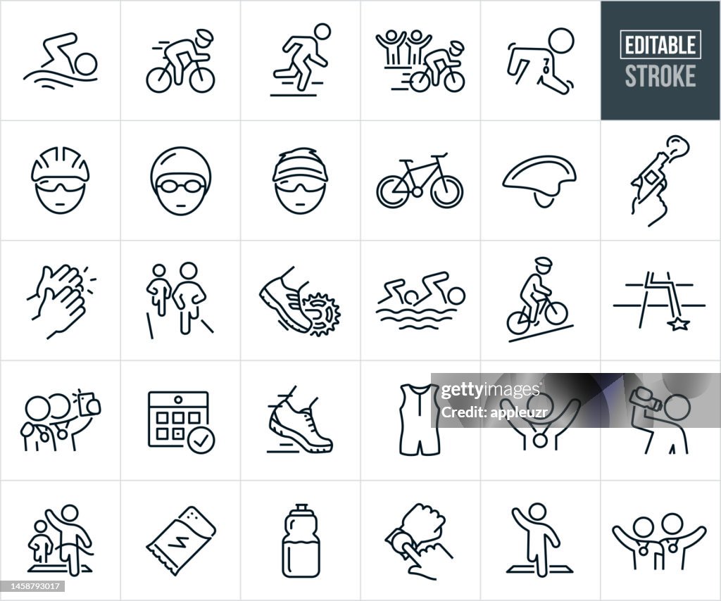 Triathlon Thin Line Icons - Editable Stroke - Icons Include Swimming, Cycling, Running, Competition, Athlete, Finish Line