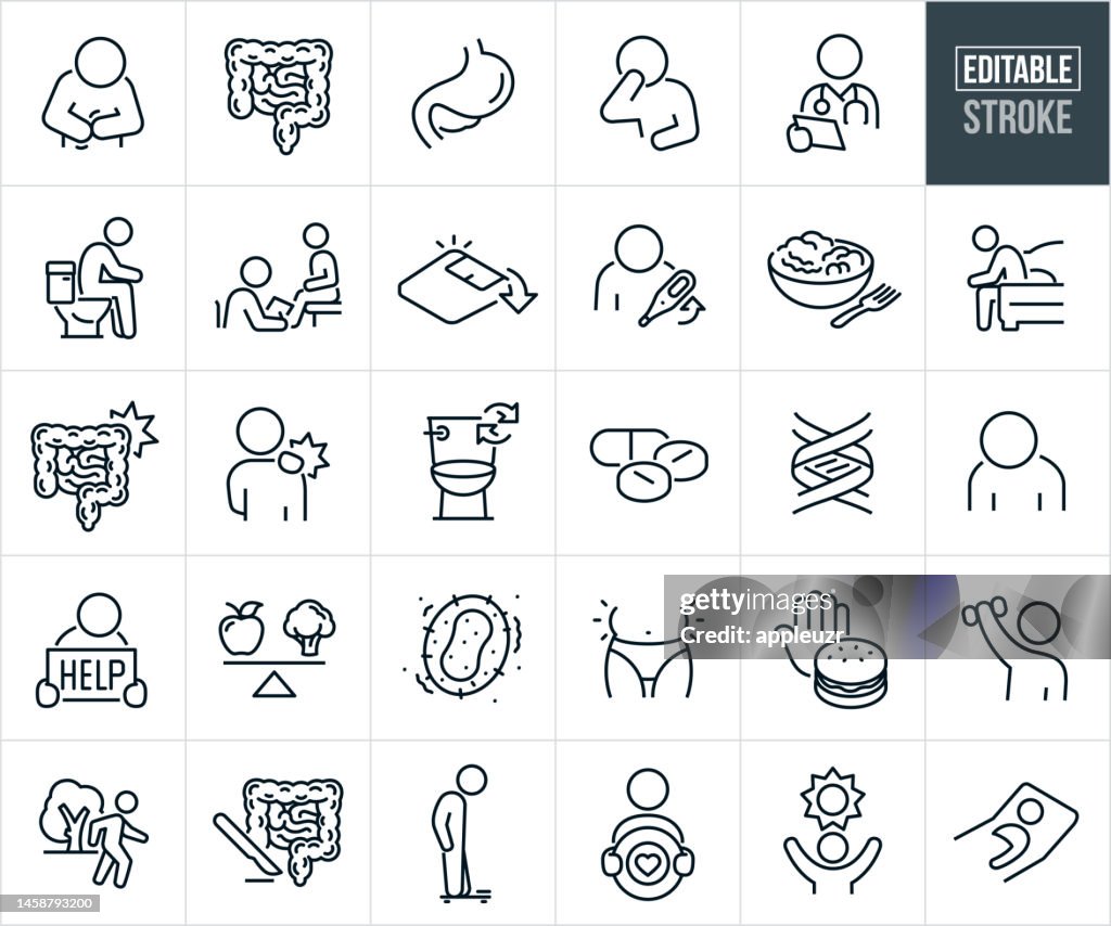 Inflammatory Bowel Disease Thin Line Icons - Editable Stroke - Icons Include Crohn's Disease, Ulcerative Colitis, Human Intestine, Stomachache, Diarrhea, Irritable Bowel Syndrome