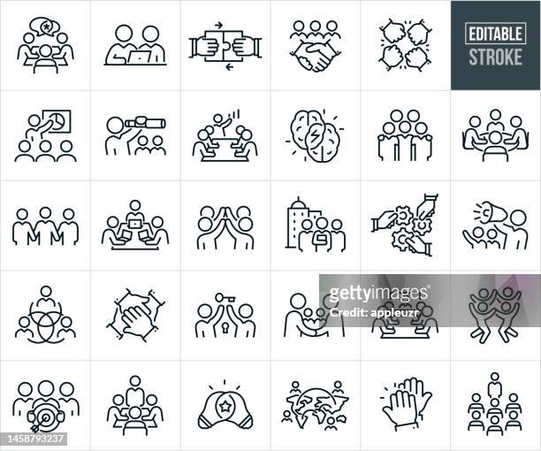 business collaboration thin line icons - editable stroke - icons include teamwork, business people, co-workers, business meeting - learning objectives icon stock illustrations
