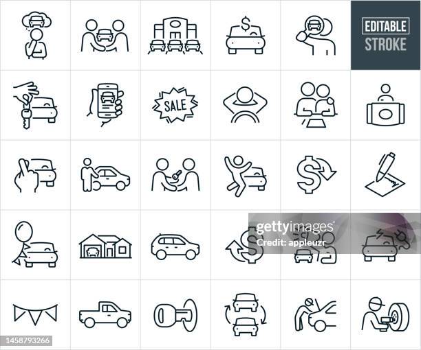 ilustraciones, imágenes clip art, dibujos animados e iconos de stock de ventas de automóviles iconos de línea delgada - trazo editable - los iconos incluyen un concesionario de automóviles, ventas de automóviles, vendedor de automóviles, cliente, compra de automóviles nuevos, compra de automóviles - vendedor de coches