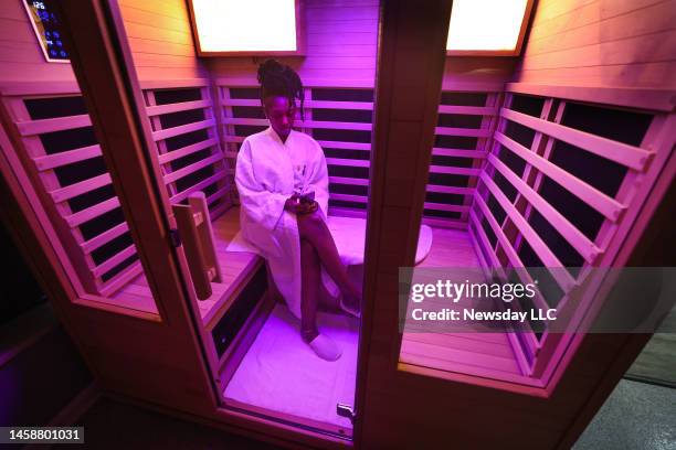 Garden City South, N.Y.: Dyandra Durant of Hempstead, New York, uses the salt cave at the Garden City Wellness Spa in Garden City South, New York, on...