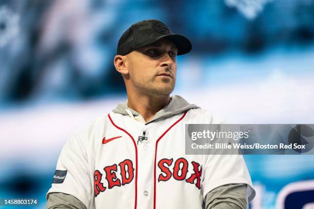 Former third baseman Will Middlebrooks of the Boston Red Sox speaks during the 2023 Red Sox Winter Weekend on January 21, 2023 at MGM Springfield and...