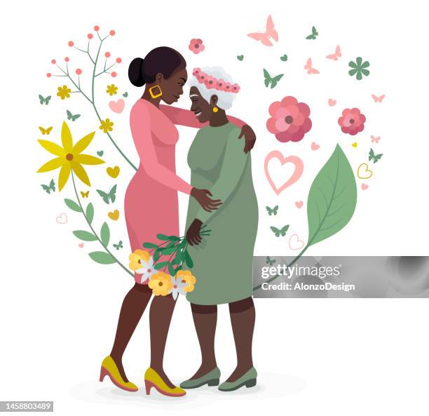 happy mother's day. indian mother hug her daughter. mom's love. young woman bringing flowers to her mother - mother and daughter stock illustrations