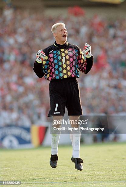Peter Schmeichel of Denmark celebrates during the UEFA European Championships 1992 Final between Denmark and Germany held at the Ullevi Stadium on...