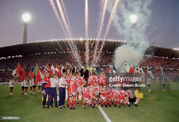 Fireworks go off as the Denmark team begin their celebrations after the UEFA European Championships 1992 Final between Denmark and Germany held at...