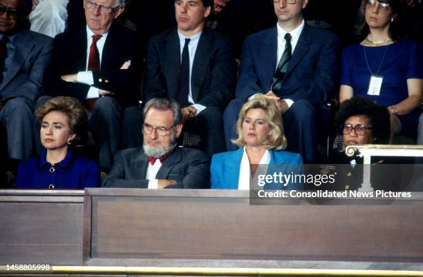 View of, fore, from left, US First Lady Hillary Rodham Clinton, former US Surgeon General C Everett Koop, Tipper Gore, and US Surgeon General...