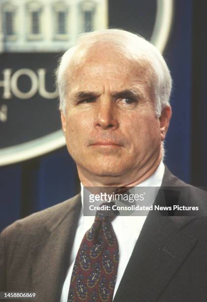 Senator John McCain attends a press conference in the White House's Brady Press Briefing Room, Washington DC, October 23, 1992. At the time, McCain...