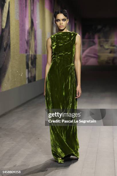 Model walks the runway during the Christian Dior Haute Couture Spring Summer 2023 show as part of Paris Fashion Week on January 23, 2023 in Paris,...