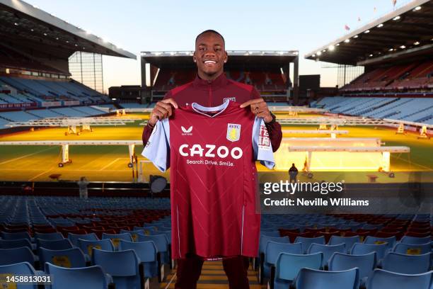 Jhon Duran of Aston Villa poses for a picture at Bodymoor Heath training ground on January 23, 2023 in Birmingham, England.