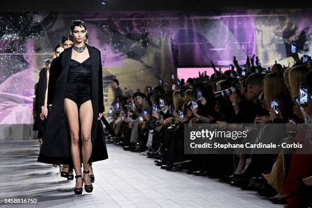 Model walks the runway during the Christian Dior Haute Couture Spring Summer 2023 show as part of Paris Fashion Week on January 23, 2023 in Paris,...