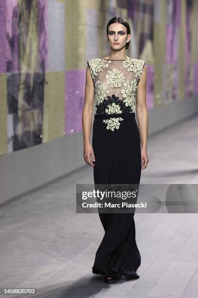 Model walks the runway during the Christian Dior Haute Couture Spring Summer 2023 show as part of Paris Fashion Week on January 23, 2023 in Paris,...