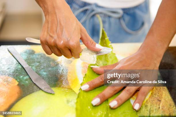 woman preparing aloe vera for cosmetic use - aloe cut stock pictures, royalty-free photos & images