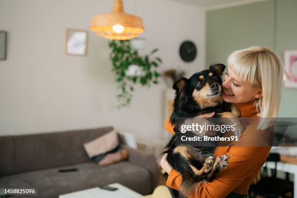 cheerful blond woman spending time with her pet dog at home - dogs life stock pictures, royalty-free photos & images